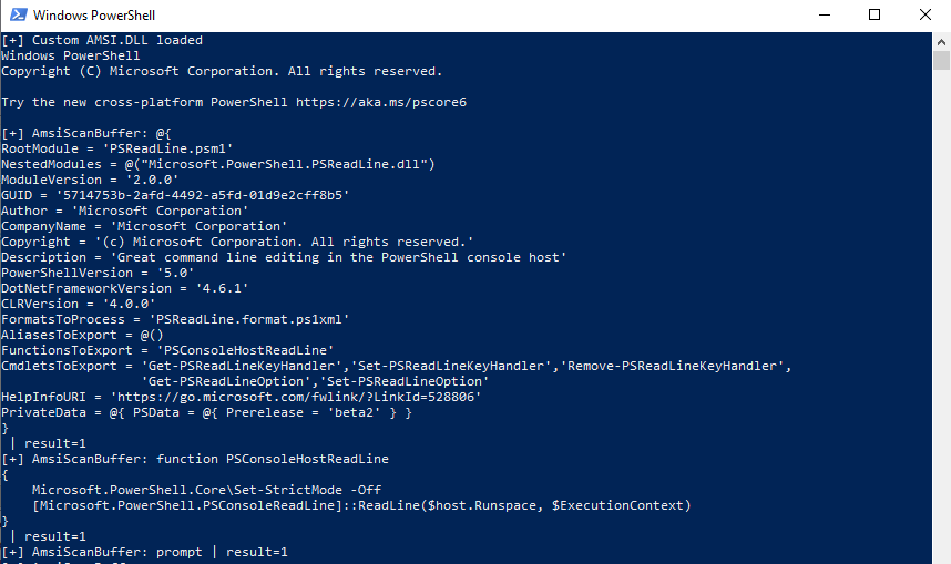 PowerShell command-line with amsi.dll implant