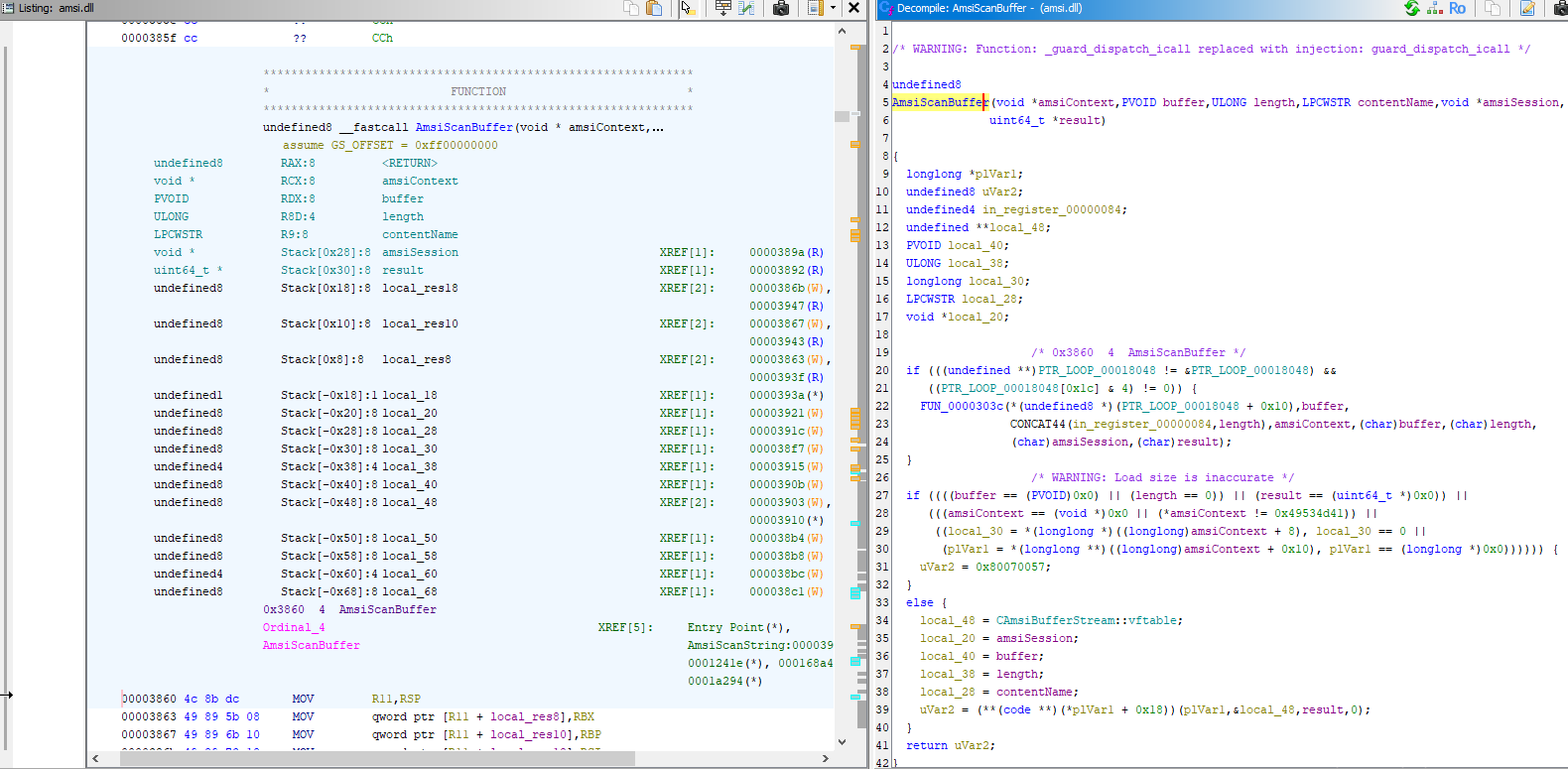 Ghidra Screenshot - AmsiScanBuffer function decompiled