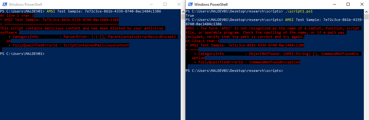 Comparision of two PowerShell windows - AMSI disabled and enabled