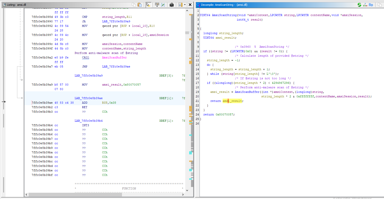 Ghidra Screenshot - AmsiScanString function decompiled