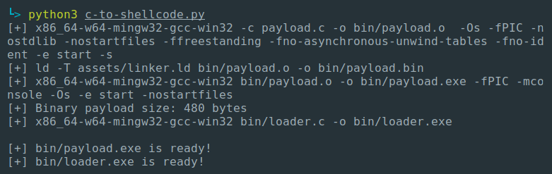 Screenshot: "c-to-shellcode.py" output files